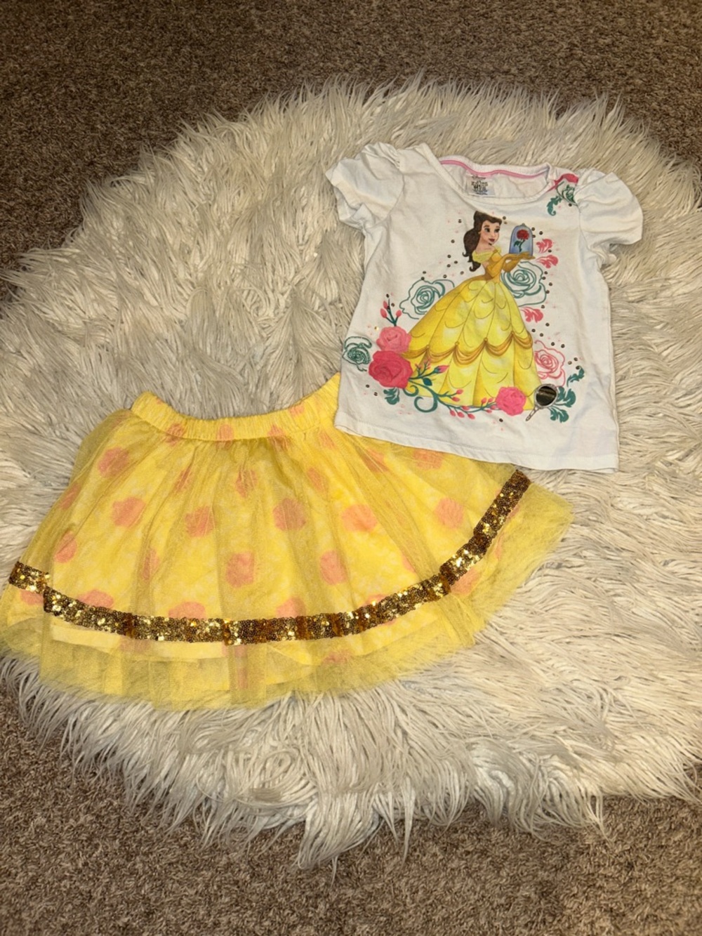 Disney Store brand 5/6 Yellow Belle Beauty & the Beast floral & Glitter Tutu set